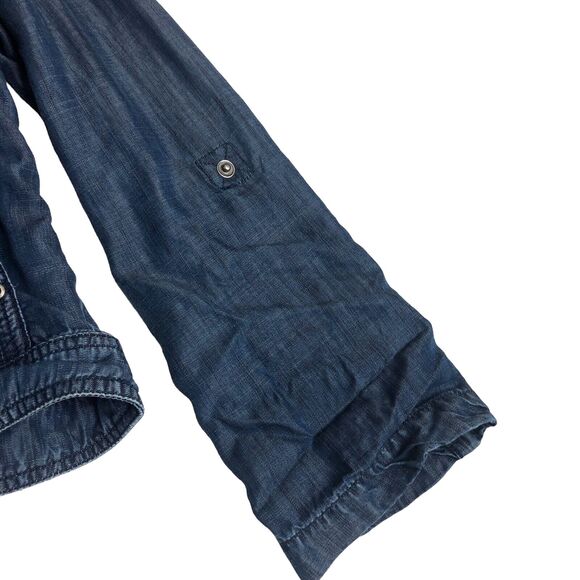 Coldwater Creek Jacket Women 8 Blue Chambray Ruched Roll Tab Sleeve Snap Shacket - Picture 4 of 16